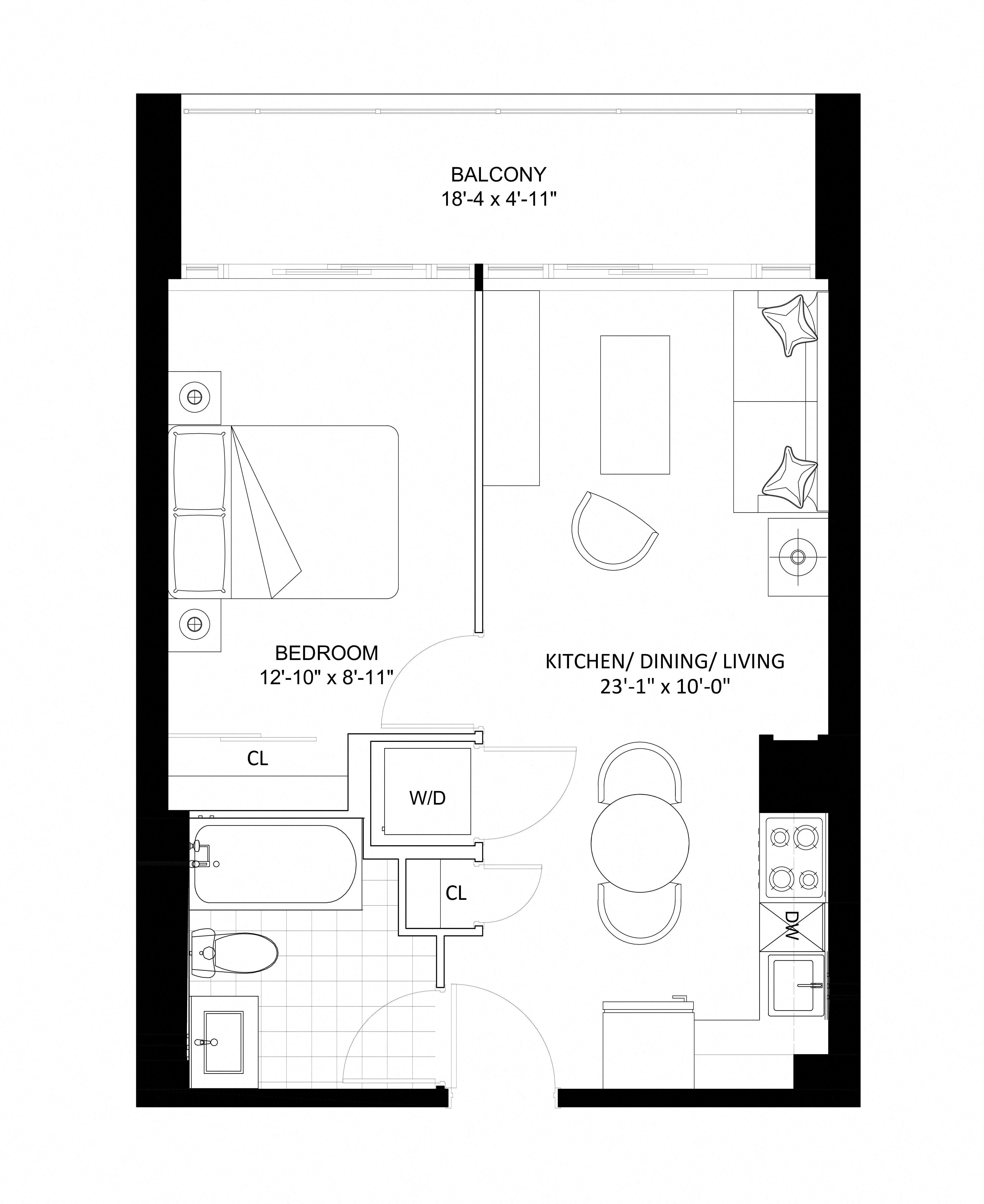 Floor plan for 1 bed, 1 bath, 486 sqft